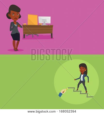 Two business banners with space for text. Vector flat design. Horizontal layout. Employer pointing at time on wrist watch. Boss checking time of coming of latecomer employee. Concept of late to work.