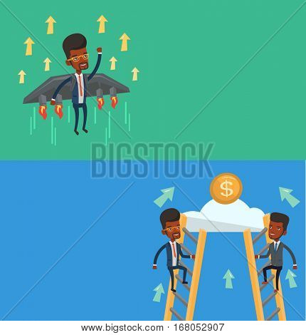 Two business banners with space for text. Vector flat design. Horizontal layout. Businessmen competing for the money. Competitive men climbing the ladder on a cloud. Business competition concept.