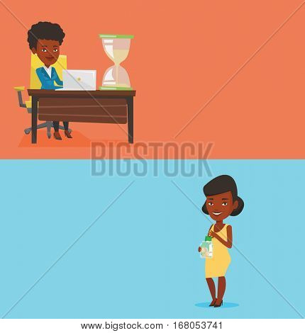 Two business banners with space for text. Vector flat design. Horizontal layout. Businesswoman sitting at the table with hourglass symbolizing deadline. Businesswoman coping with deadline successfully