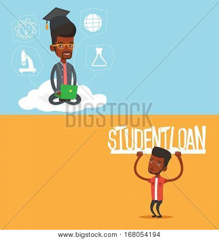 Two educational banners with space for text. Vector flat design. Horizontal layout. African-american man holding a sign of student loan. Disappointed young man carrying heavy sign - student loan.