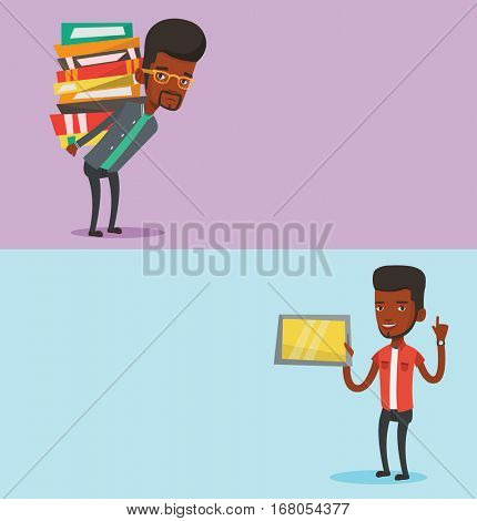 Two educational banners with space for text. Vector flat design. Horizontal layout. Student using tablet computer. Student holding tablet computer and pointing finger up. Education technology concept.