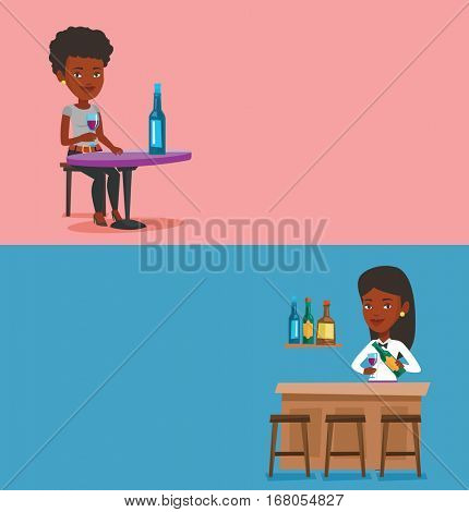 Two drinks banners with space for text. Vector flat design. Horizontal layout. Bartender standing at the bar counter. Bartender with bottle and glass in hands. African-american bartender at work.