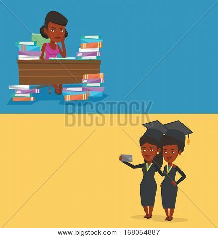 Two educational banners with space for text. Vector flat design. Horizontal layout. Angry student studying with textbooks. Annoyed student studying hard before exam. Student studying in the library.