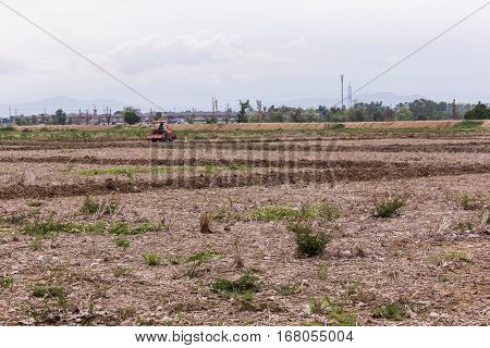 Tractor in field , agriculture in asia