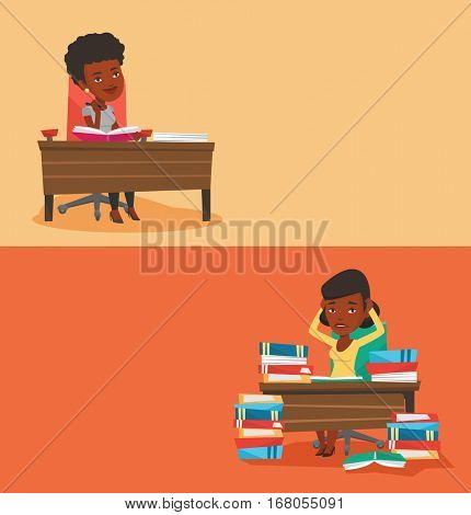 Two educational banners with space for text. Vector flat design. Horizontal layout. Student sitting at table and thinking. Thoughtful student writing in exercise book. Thoughtful girl doing homework.
