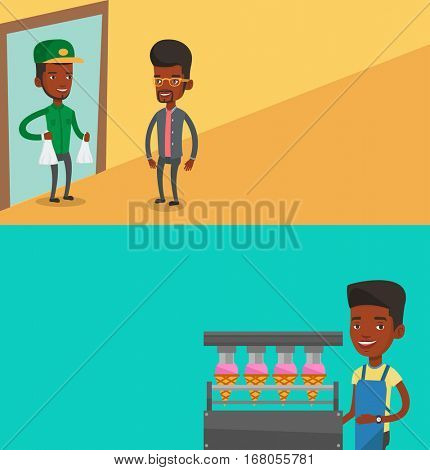 Two industrial banners with space for text. Vector flat design. Horizontal layout. Worker of ice cream manufacture. Worker of factory producing ice-cream. Man working on production line of ice cream.