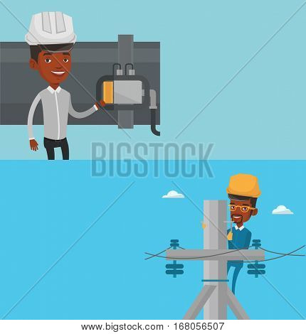 Two industrial banners with space for text. Vector flat design. Horizontal layout. Young african electrician in hard hat working on electric power pole. Electrician at work on electric power pole.