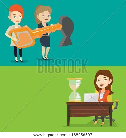 Two business banners with space for text. Vector flat design. Horizontal layout. Business women standing in front of keyhole with key. Business team holding key to success. Young women carrying key.