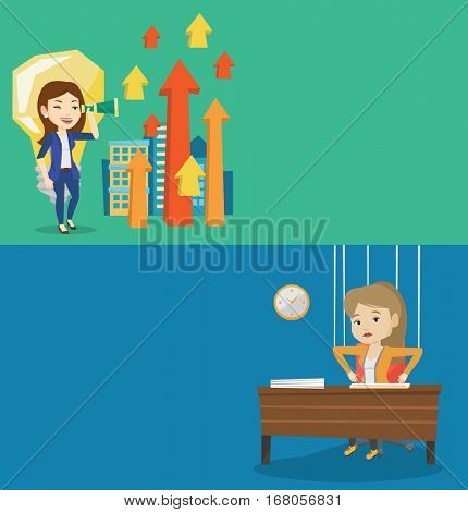 Two business banners with space for text. Vector flat design. Horizontal layout. Business woman marionette hanging on strings like a puppet. Business woman marionette on ropes sitting at the table.