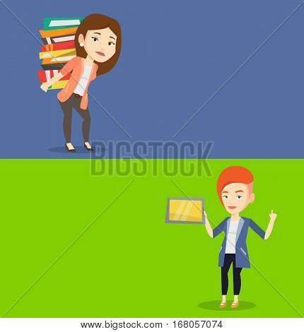 Two educational banners with space for text. Vector flat design. Horizontal layout. Student using tablet computer. Student holding tablet computer and pointing finger up.Educational technology concept
