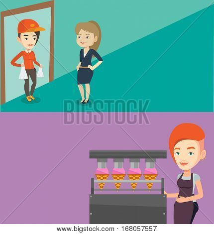 Two industrial banners with space for text. Vector flat design. Horizontal layout. Worker of ice cream manufacture. Worker of factory producing ice-cream. Woman working on production line of ice cream