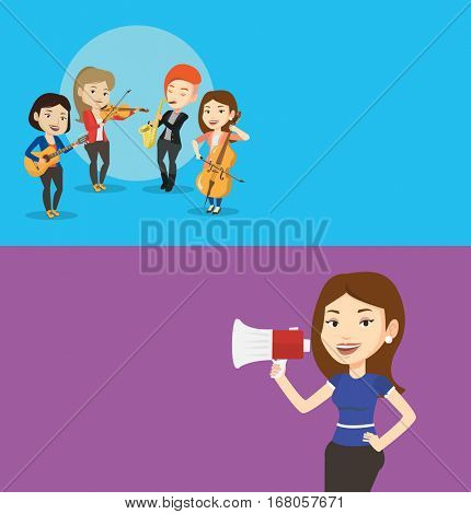Two media banners with space for text. Vector flat design. Horizontal layout. Band of caucasian musicians playing on musical instruments. Group of young musicians playing on musical instruments.
