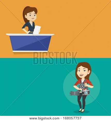 Two media banners with space for text. Vector flat design. Horizontal layout. Television anchorwoman reporting tv news at studio. Caucasian television announcer at studio during live broadcasting.