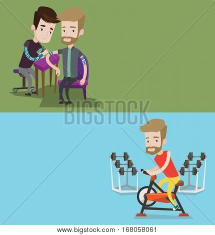 Two lifestyle banners with space for text. Vector flat design. Horizontal layout. Tattooist makes tattoo on the hand of a hipster man. Tattooist makes a tattoo. Professional tattoo artist at work.
