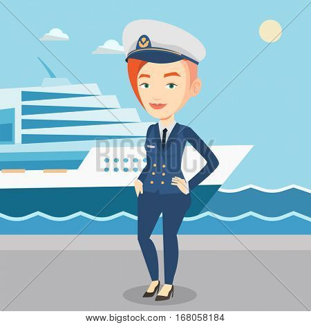Caucasian captain on the background of sea and cruise ship. Smiling ship captain in uniform on seacoast background. Ship captain standing at the port. Vector flat design illustration. Square layout.
