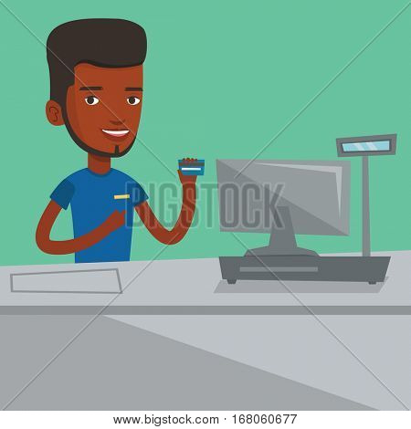 Cashier holding credit card at the checkout in supermarket. Happy cashier working at checkout in a supermarket. Cashier standing near the cash register. Vector flat design illustration. Square layout.