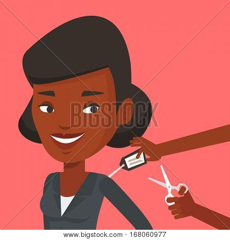 Woman removing price tag off new t-shirt. African-american woman cutting price tag off new clothes with scissors. Happy woman shopping at clothes store. Vector flat design illustration. Square layout.