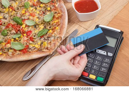 Using Payment Terminal With Contactless Credit Card For Paying In Restaurant, Finance Concept, Veget