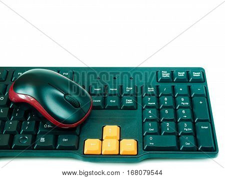 Computer black red mouse and black orange keyboard on white background