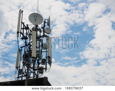 The cellular tower with white and blue sky background
