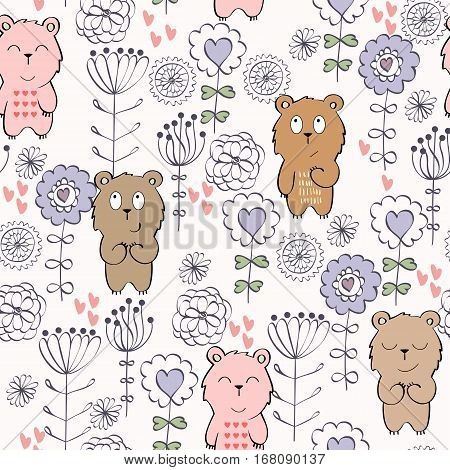 Vector seamless pattern with bear and flowers