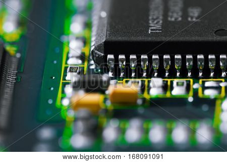 Electronic circuit board. CPU and memory chips