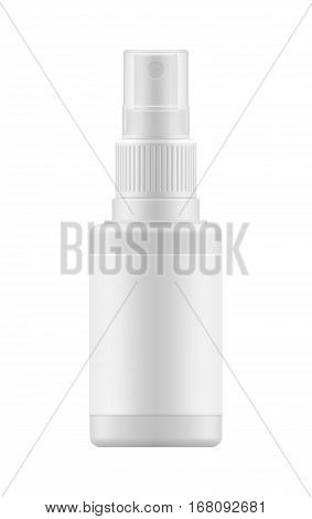 Vector 3d realistic bottle with sprayer. Mock-up white plastic packaging for medical spray. Blank template of container for liquid. Packaging of aerosol isolated on background.