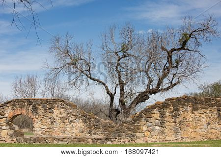 Old walls of Spanish Mission Espada near San Antonio Texas.