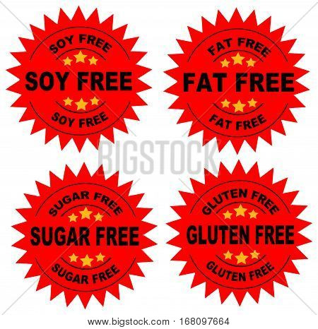A set of seals indicating that the food is soy free, fat free, sugar fre and gluten free with a Red Background