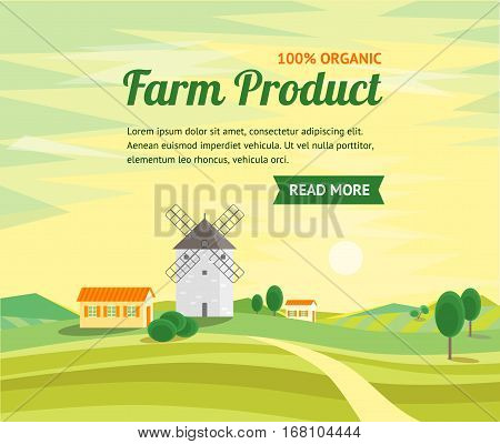 Farm Prouct Card on Landscape Rural with Traditional Old Windmill. Flat Design Style. Vector illustration