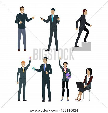 Set of people managers wishing to show their results in professional growth. Business training set. Successful motivational management. Personnel motivation, successful leadership. Vector illustration