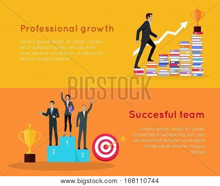 Professional growth and successful team banners. Lifelong learning. Successful team achieves best results working together. Business education in corporate office work. Vector illustration
