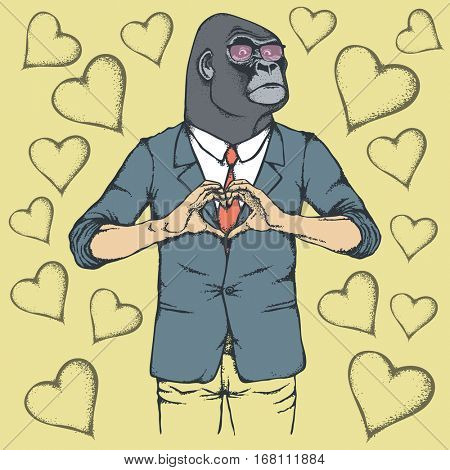 Monkey Valentine day vector concept. Illustration of african gorilla head on human body. Monkey showing heart shape