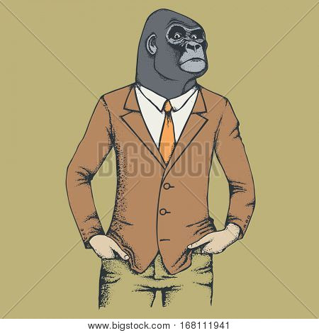 Monkey vector concept. Illustration of African gorilla in human suit