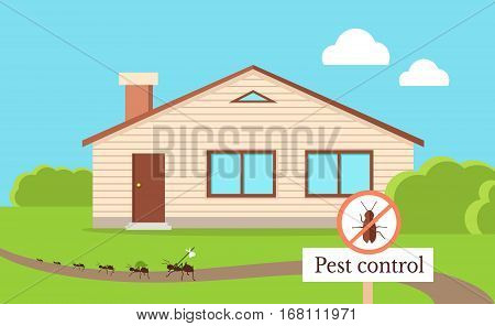 Pest control concept vector in flat style design. Ants run away from home. Insect prohibitory sign. Chemical treatment and protection against termites, cockroaches, fleas, agricultural pests.