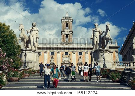 ROME - MAY 12: Piazza del Campidoglio with tourists on May 12, 2016 in Rome, Italy. Rome ranked 14th in the world, and 1st the most popular tourism attraction in Italy.