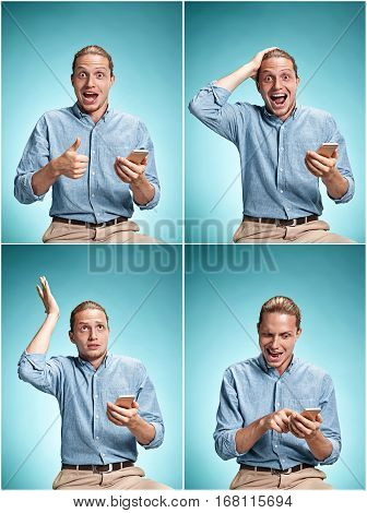 The young smiling caucasian businessman on blue background talking on cell phone. Collage
