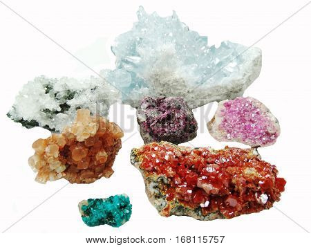 celestite quartz dioptase semigem crystals geological mineral isolated