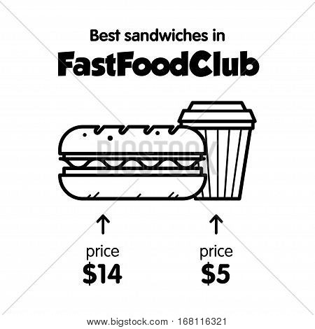 Vector template for promotion Fast Food's cafe. With sandwich and coffee. With price.