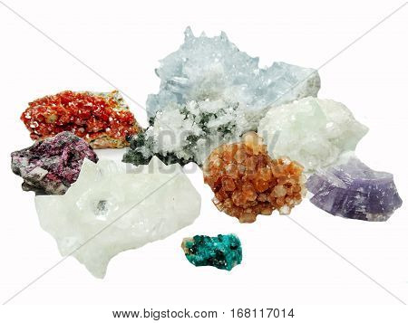 celestite quartz dioptase semigem crystals geological mineral isolated