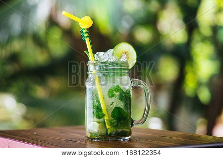 Mojito with ice on background tropics. Cold drink in the tropics