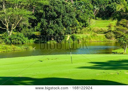 Golf Hole Green Water Pond.