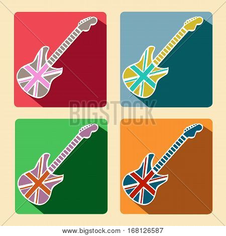 British Flag Guitar flat icons with long shadow Retro design