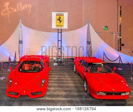 DETROIT MI/USA - JANUARY 11 2015: A Ferrari Enzo and a Ferrari 288 GTO at The Gallery an event sponsored by the North American International Auto Show (NAIAS) and the MGM Grand Detroit.