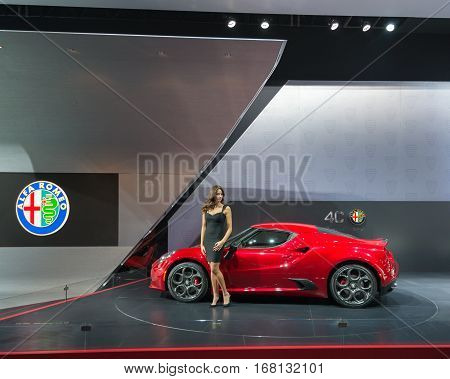 DETROIT MI/USA - JANUARY 12 2015: Alfa Romeo 4C Spider at the North American International Auto Show (NAIAS) one of the most influential car shows in the world each year.