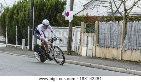 Conflans-Sainte-HonorineFrance-March 62016: The Japanese cyclist Fumiyuki Beppu of Trek-Segafredo Team riding during the prologue stage of Paris-Nice 2016.