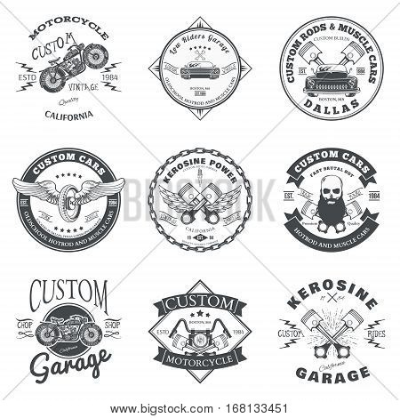 Set of Custom Car and Bike Garage Label and Badge Design Vector illustration