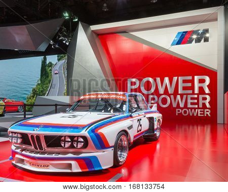 DETROIT MI/USA - JANUARY 12 2015: 1975 BMW CSL #25 IMSA racecar at the North American International Auto Show (NAIAS). Drivers Brian Redman and Ronnie Peterson.