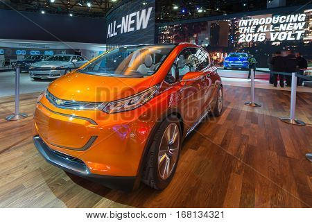 DETROIT MI/USA - JANUARY 13 2015: 2016 Chevrolet Bolt EV concept car at the North American International Auto Show (NAIAS) one of the most influential car shows in the world each year.