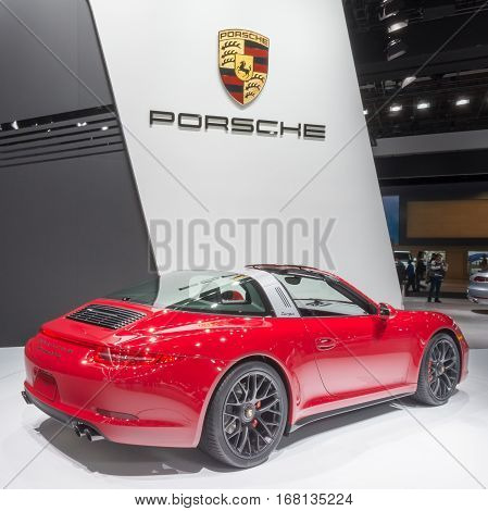 DETROIT MI/USA - JANUARY 13 2015: Porsche 911 Targa 4 GTS car at the North American International Auto Show (NAIAS) one of the most influential car shows in the world each year.
